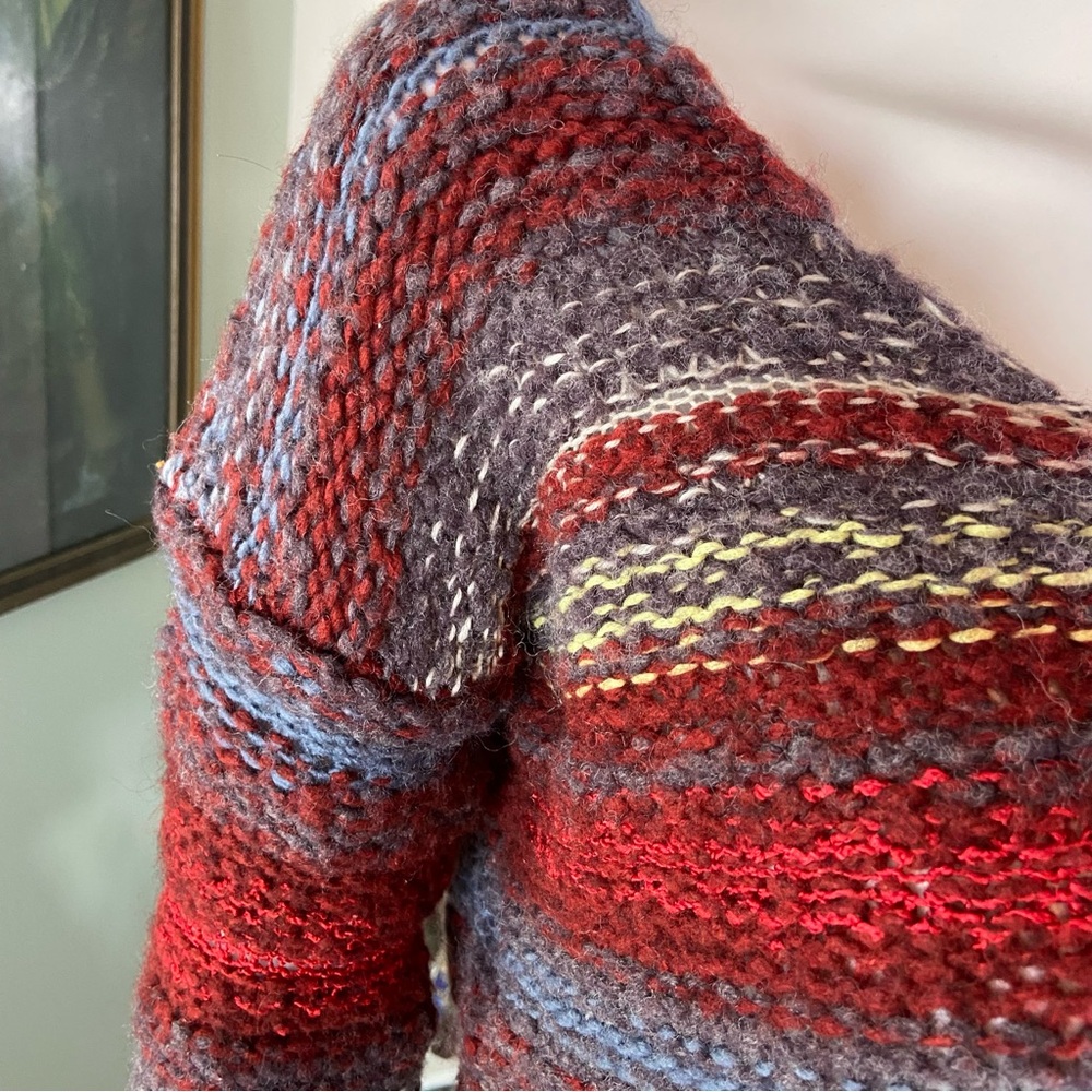 Free People Nordic Red Gray Striped Cropped Bell Sleeve Sweater Small S Chunky - Picture 7 of 14